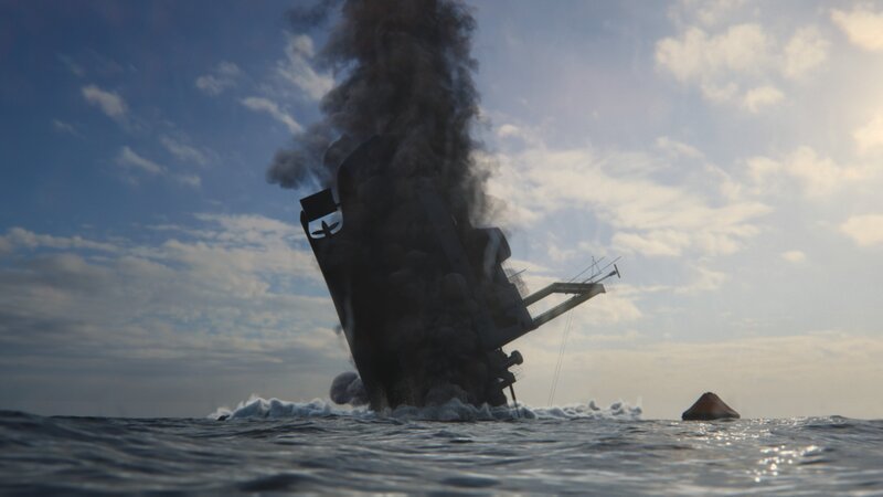 Lucona Recon: The Lucona sinking vertically in the Indian Ocean while the propeller is still rotating. The ship was sunk by a timebomb planted aboard by Austrian businessman Udo Proksch. (National Geographic for Disney) – Bild: National Geographic for Disney /​ Disney
