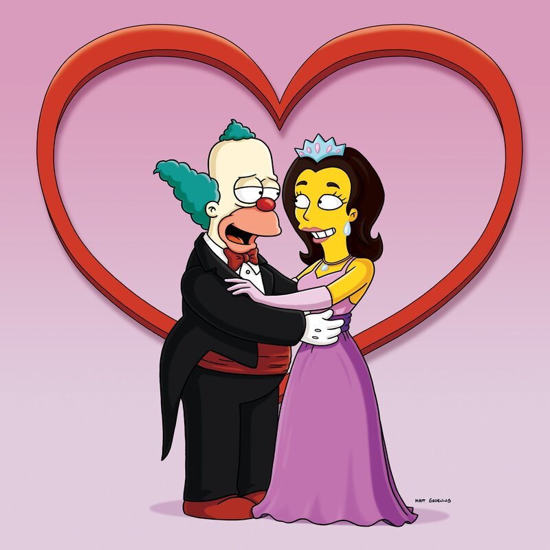 Die Krusty-Show bekommt einen furchtbar kitschigen und süßlichen Co-Star: „Prinzessin Penelope“, die schnulzige Lieder singt und auf einem Einhorn reitet. Die Hardcore-Fans Bart und Milhouse sind entsetzt über das neue Weichspül-Image der Sendung. Als Krusty (l.) Penelope (r.) vor laufender Kamera einen Heiratsantrag macht, planen sie, die Hochzeit der beiden zu ruinieren … – Bild: Twentieth Century Fox Film Corporation