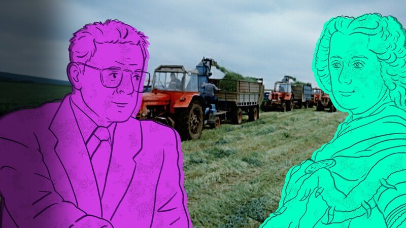 Grafik von Lionel Jospin und Heinrich II. vor Traktoren – Bild: SRF/​LOOKSfilm
