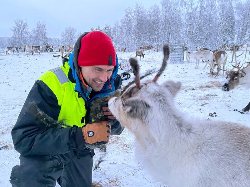 Uli Kunz bei Dreharbeiten am Polarkreis: Im Winter kommen Rentiere im Norden Schwedens bis an die Ostseeküste. – Bild: ORF/ZDF/Thomas Lischak Uli Kunz bei Dreharbeiten am Polarkreis: Im Winter kommen Rentiere im Norden Schwedens bis an die Ostseeküste. – Bild: ORF/ZDF/Thomas Lischak