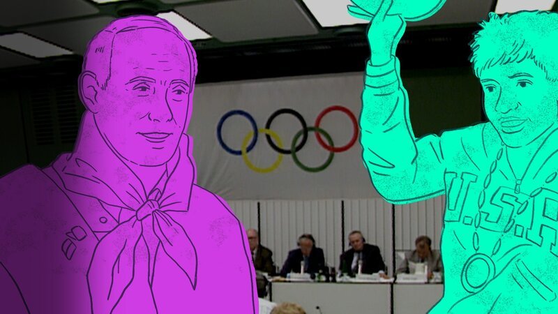 Grafik von Vladimir Putin und Wilma Rudolph vor einer Olympischen Pressekonferenz – Bild: SRF/​LOOKSfilm