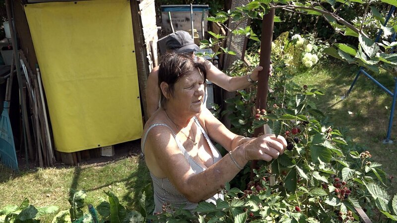 Elke, die Pflanzenflüsterin, ist mit genug Früchten versorgt. Dass es bei der Rentnerin so schön wächst und gedeiht, könnte an ihrem Faible liegen, mit Flora und Fauna zu sprechen. – Bild: RTLZWEI