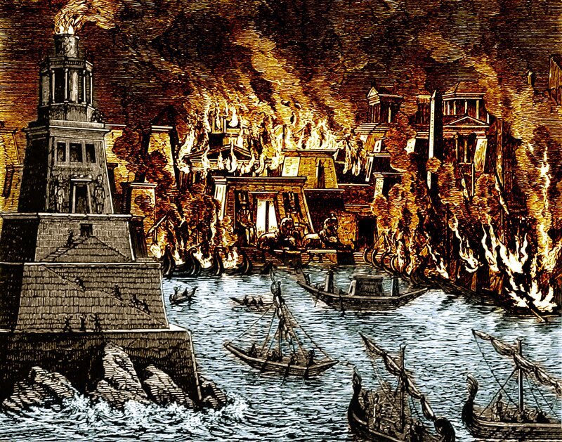 Die Zerstörung der Königlichen Bibliothek von Alexandria durch Feuer. – Bild: RTL