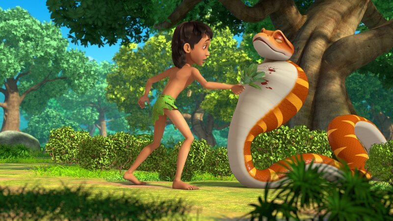 Kaa ist beim Spielen mit Mogli in einen Hagebuttenstrauch gefallen und reagiert allergisch. Mogli versucht ihm zu helfen, doch diese Blätter sind die falsche Medizin. Kaa meint, er müsse einen Tiger fressen, damit die Allergie wieder verschwindet. – Bild: ZDF /​ DQ Entertainment /​ KiKA