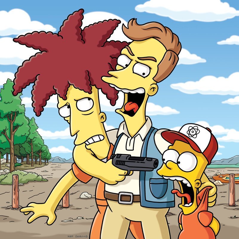 Die Simpsons bekommen einen neuen Nachbarn. Walt (M.) ist ein richtiger Glücksgriff: freundlich, aufgeschlossen, hilfsbereit. Nur Bart (r.) ist misstrauisch: Er glaubt seinen Todesfeind Tingeltangel-Bob (l.) in Walt zu erkennen … – Bild: Twentieth Century Fox Film Corporation