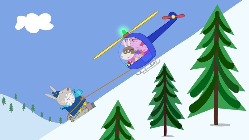 Frau Mümmel und Familie Wutz (re.) haben Opi Mümmel (li.) mit einem Hubschrauber von einem schneebedeckten Berg gerettet, nachdem er mit seinem Raketenrucksack hoch hinaus schoss und dort feststeckte. – Bild: RTL