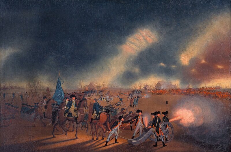 In der Schlacht von Princeton (1777) kämpften amerikanischen Truppen unter George Washington auf der einen gegen britische und hessische Soldaten auf der anderen Seite. – Bild: Wadsworth Atheneum Museum of Art