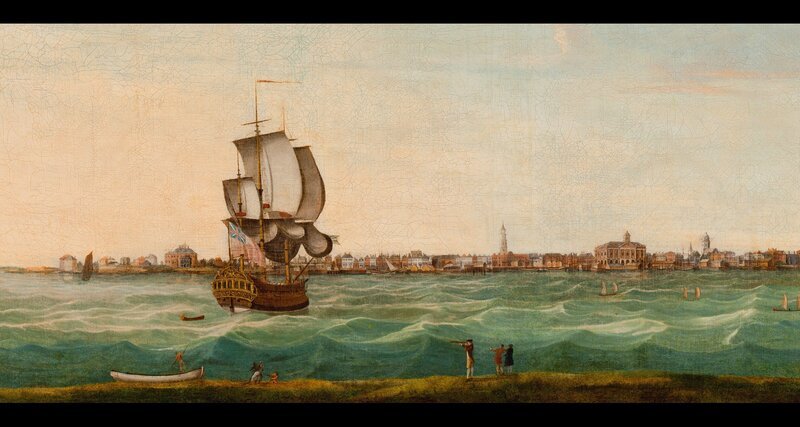 Der Hafen von Charles Town stellte während des amerikanischen Unabhängigkeitskrieges das wirtschaftliche Zentrum South Carolinas dar. – Bild: ARTE F /​ Museum of Early Southern Decor /​ Museum of Early Southern Decorative Arts/​Winston-Salem