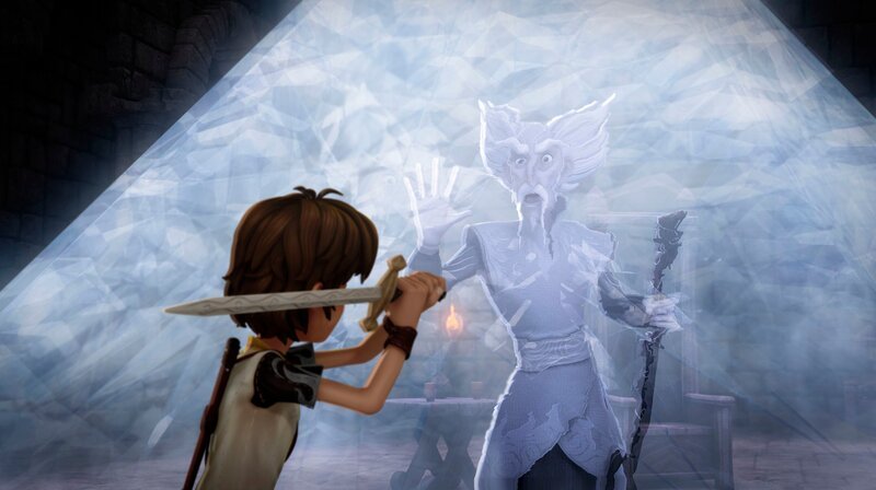 Mit dem Zauberschwert Excalibur will Arthur seinen Freund Merlin aus dem Glaskäfig befreien. – Bild: SWR/​Blue Spirit Productions/​Télé