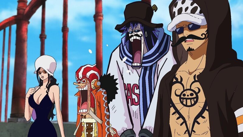 Nico Robin (l.), Usopp (2.v.l.), Trafalgar D. Law (r.) – Bild: Eiichiro Oda/​Shueisha, Toei Animation