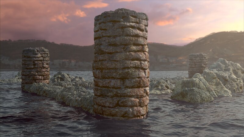 As the sea recedes it reveals the remains of stone columns and walls of the buildings of ancient Baiae which have been submerged beneath the sea. – Bild: Mallinson Sadler Productions Ltd