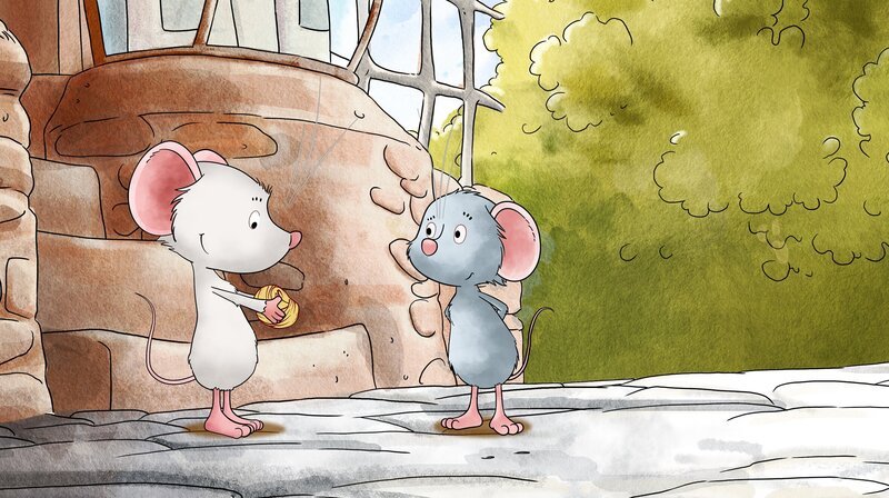 Tilda und Molly vor dem Dorfladen. – Bild: MDR/​WunderWerk