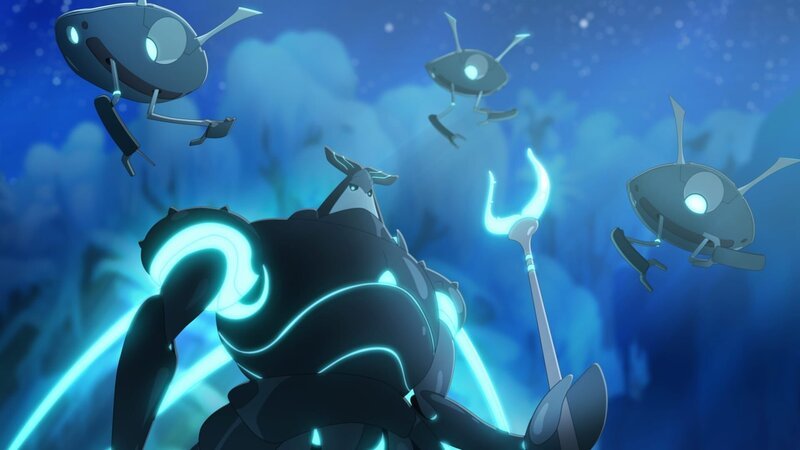 Antaboga schmiedet finstere Pläne mit Kasskrane und den Blizzard-Bosses. – Bild: WDR/​Cyber Group Studios