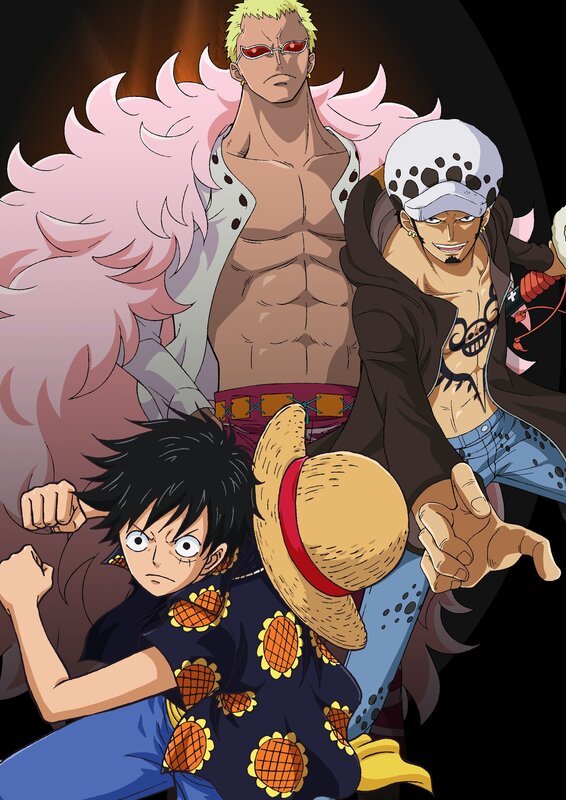 (v.l.n.r.) Monkey D. Ruffy; Don Quichotte de Flamingo; Trafalgar D. Water Law – Bild: Eiichiro Oda/​Shueisha, Toei Animation Lizenzbild frei