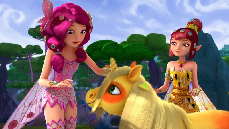 Mia und ihre Freunde sind auf einer Insel gestrandet, die von kleinen Pony-Einhörnern bewohnt wird. – Bild: ZDF und Hahn & m4e Productions