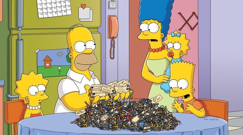 Weil Maggie sich selbst im Auto eingesperrt hat, suchen die Simpsons in ihrer Schlüsselschublade nach dem Ersatzschlüssel. Dabei entdecken sie eine Reihe von Schlüsseln, die sie bereits vergessen haben. Dort bemerken sie, dass sie dank den Schlüsseln vielerorts freien Zugang haben. Das wird dann auch ordentlich ausgenutzt. (v.l.n.r.) Lisa, Homer, Marge, Maggie und Bart … – Bild: Twentieth Century Fox Film Corporation