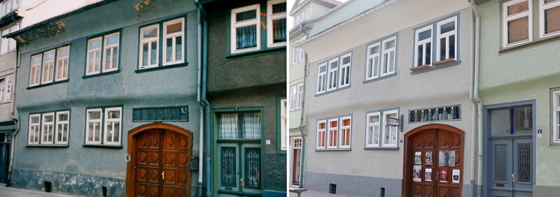 Vorher – Nachher. Das Haus in Zimmerstraße ist eins der typischen Bürgerhäuser Arnstadts, das von einem Bürger in den 1990ern gerettet wurde. Es war teilweise zum Abriss freigegeben. Zu DDR-Zeiten wurden hier die Bauarbeiter z.B. mit Würstchen und roter Brause versorgt. – Bild: MDR/​Steffi Peltzer-Büssow