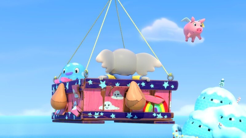Mamfie, Takolo und Pinkie machen einen Ausflug mit Herrn Scherensens Ballon-Luftschiff. – Bild: KiKA/​ZODIAK KIDS STUDIO FRANCE/​ANIMOKA