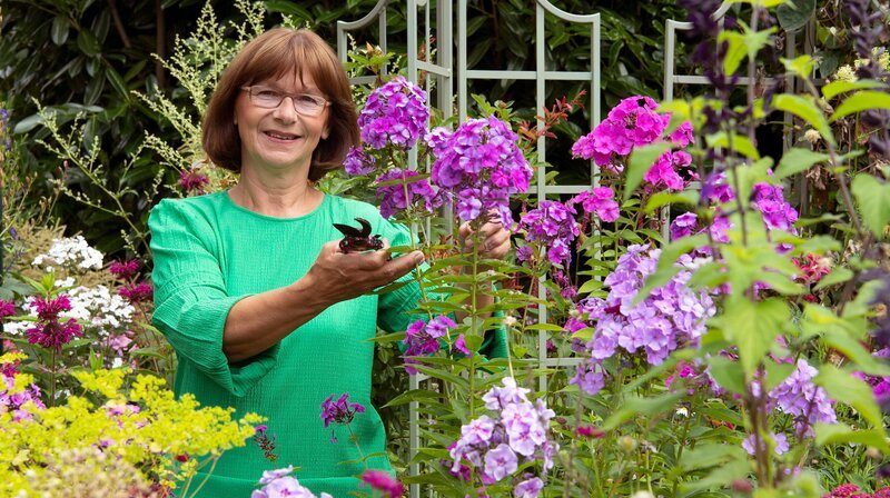 Der Auftakt der diesjährigen Gartenreise macht Hobbygärtnerin Brigitte Bergschneider aus Paderborn. Sie hat aus dem einstigen Selbstversorgergarten ihres Schwiegervaters ein blühendes Staudenparadies geschaffen. – Bild: WDR/​Melanie Grande