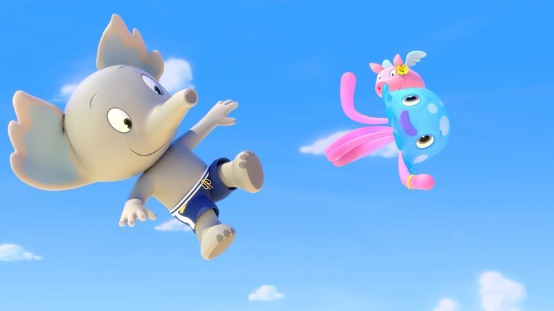 Mamfie, Takolo und Pinkie fliegen gemeinsam durch die Luft. Mamfie und Takolo brauchen dafür allerdings ein Trampolin. – Bild: KiKA/​ZODIAK KIDS STUDIO FRANCE/​ANIMOKA