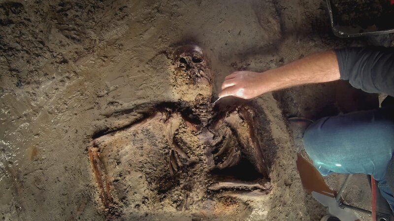 Ein am antiken Strand von Herculaneum gefundenes Skelett. – Bild: Ministero Della Cultura – Parco Archeologico di Ercolano