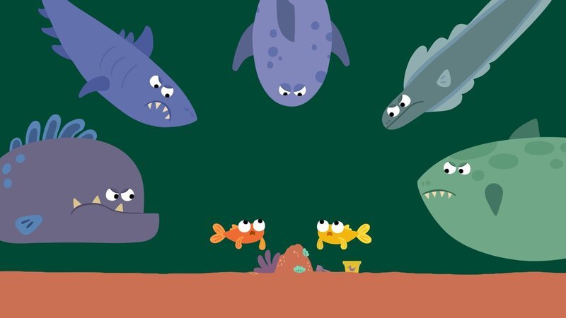 Böse Fische erschrecken die beiden Kugelfische. – Bild: KiKA/​ SWR/​ Julia Ocker /​ Studio Film Bilder
