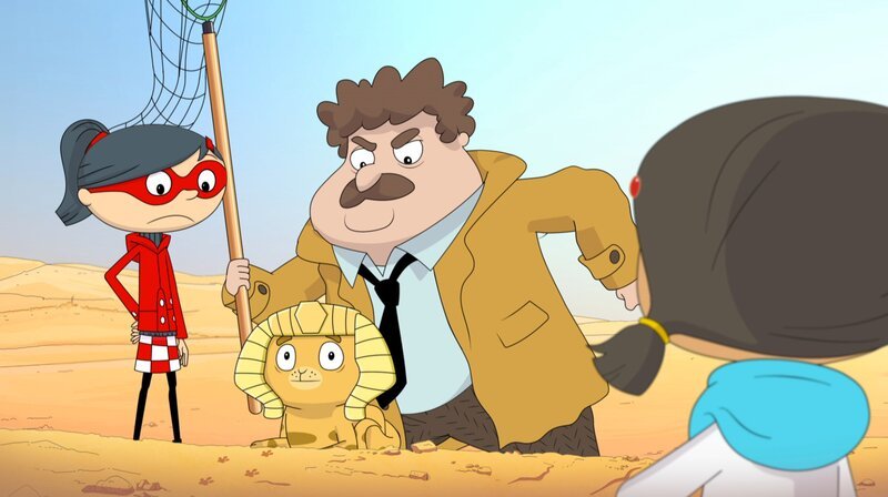 Kommissar Mollo hält Jean Cat für die Rächerkatze des Sonnengottes. – Bild: WDR /​ Cyber Group Studios /​ KD Productions Toons&Games – Televisió De Catalunya