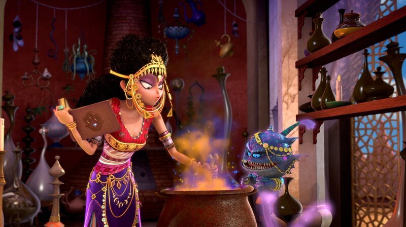 Dunyazad, die Herrin der schwarzen Magie, bereitet einen Zaubertrunk vor. – Bild: rbb/​Hahn Film AG/​Chocolate Liberation Front Pty Ltd/​Toonz Entertainment Pte Ltd