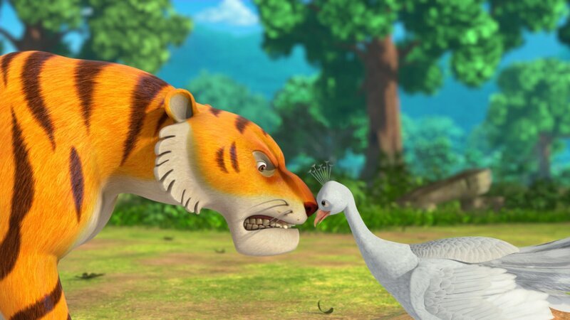 Pavo ist nicht zu stoppen. Auf seiner Abenteuer-Schatzsuche begegnet er auch noch Shir Khan. Nun kann der tollpatschige Pfau zeigen, wie mutig er ist! – Bild: ZDF/​2009 DQ Entertainment
