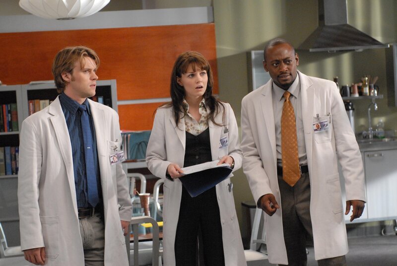 Wundern sich über das seltsame Verhalten von Dr. House: Dr. Allison Cameron (Jennifer Morrison, M.), Dr. Robert Chase (Jesse Spencer, l.) und Dr. Eric Foreman (Omar Epps, r.) – Bild: 2006 Fox Broadcasting Co.