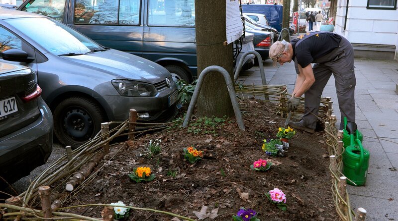 Die Straßengärtnerin Lissi bepflanzt und pflegt jedes Jahr sechs Beete vor dem Mietshaus in Hamburg-Eimsbüttel, in dem sie wohnt. – Bild: NDR/​Seelmann-Film