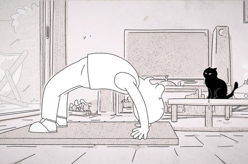 Stéphane hat Moustique verscheucht und beansprucht sein Plätzchen für Yoga. Doch das lässt sich Moustique nicht lange gefallen … – Bild: ARTE F /​ Autour de Minuit Productions