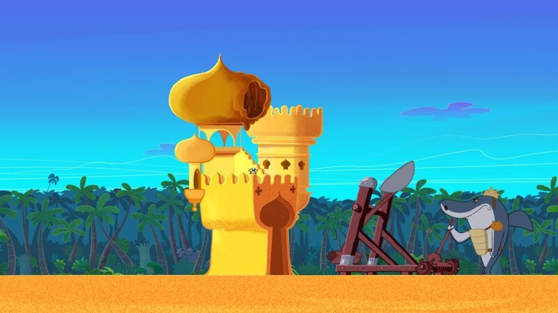 Sharko versucht mit allen Mitteln in den Palast zu gelagen, um Marina vor Zig und Bernie zu beschützen.  +++ – Bild: Handwerker gesucht! /​ © Xilam Animation