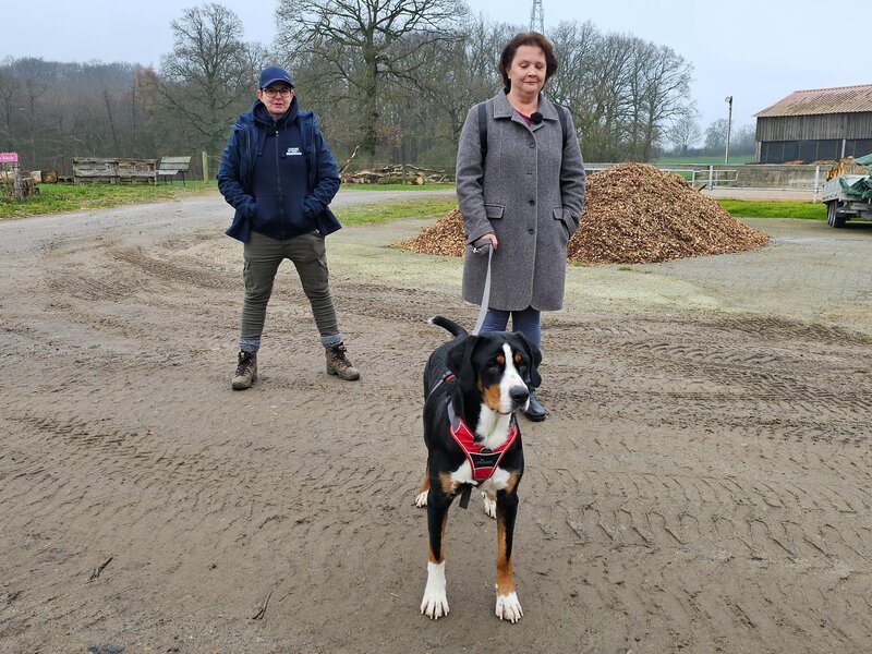 v.l.: Hundetrainerin Melle Hofmann, Schweizer Sennenhündin „Leonie“ und Gundula – Bild: RTL