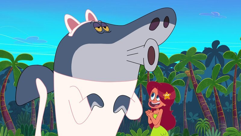 Marina verkleidet Sharko als eine süße Mietzekatze, damit die Touristen auf der Insel keine Angst mehr vor ihm haben.  +++ – Bild: Mietzekatze /​ © Xilam Animation