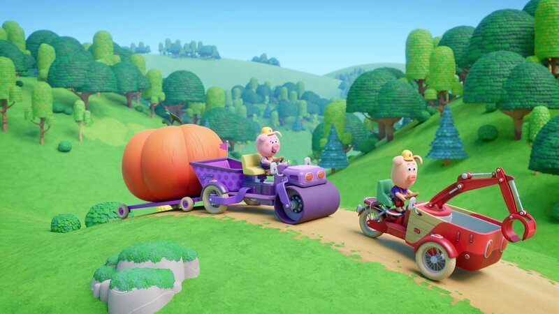 Mit einem so riesigen Kürbis von Fiona haben die Werkel-Ferkel Cesar (rechts) und Cornelia (links) nicht gerechnet. – Bild: ZDF