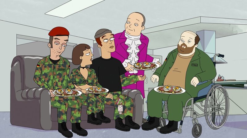 Ludwig Auster (links) sitzt mit seinen Kameraden aus der Bundeswehr beim Essen. – Bild: SWR/​BR/​Little Dream Entertainment