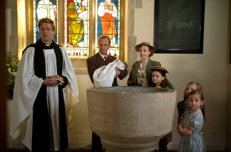 L-R: Sidney Chambers (James Norton), Geordie Keating (Robson Green), Cathy Keating (Kacey Ainsworth) – Bild: WDR/​ITV