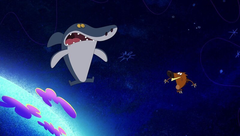 Sharko (l.) und Zig können mit dem Hüpfspaß gar nicht mehr aufhören und katapultieren sich dabei ins Weltall. – Bild: Xilam Animation