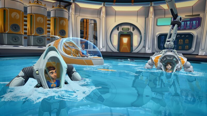 Ant, Will und Kaiko (v.l.) kommen zurück ins U-Boot, nachdem Fontaine sie gerettet hat. – Bild: Hydrologic Productions In