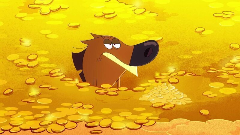 Zig wird dank seines neuen Glückbringers mit Gold überschüttet. Doch eigentlich will er nichts weiter, als die Meerjungfrau Marina zu fangen. – Bild: Xilam Animation