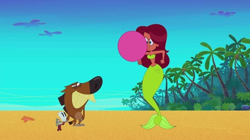 Marina (r.) bekommt von Bernie und Zig (M.) rosarote Kugeln und kann damit große Kaugummiblasen machen. – Bild: Xilam Animation