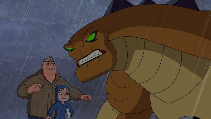 Grandpa Max, Gwen und Humungousaur. – Bild: The Cartoon Network, Inc. A Time Warner Company.