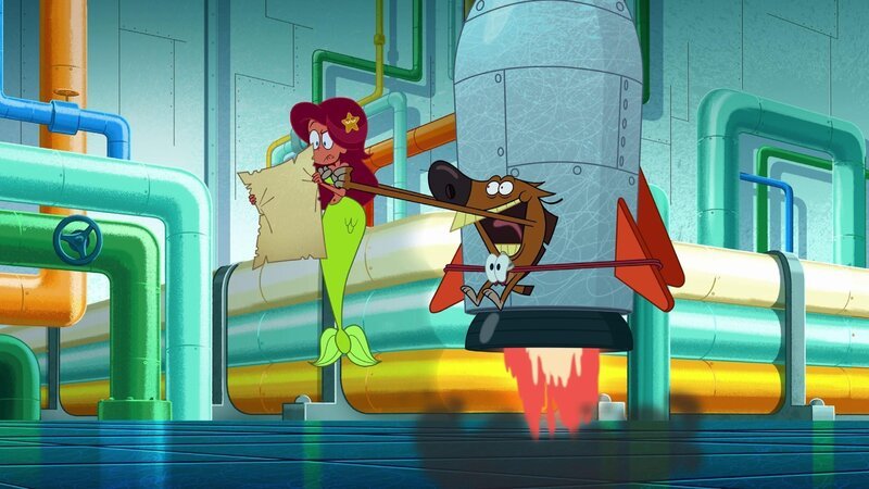 Während Marina versucht eine Karte zu entziffern, will Zig sie mit auf die Rakete nehmen.  +++ – Bild: Das Labyrinth /​ © Xilam Animation