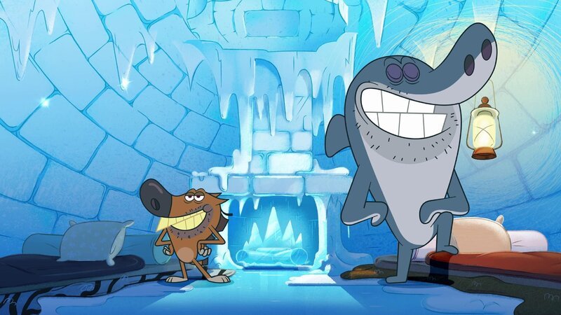 Zig und Sharko haben es sich in einem Iglu gemütlich gemacht.  +++ – Bild: Xilam Animation /​ Kühlraum-Duell