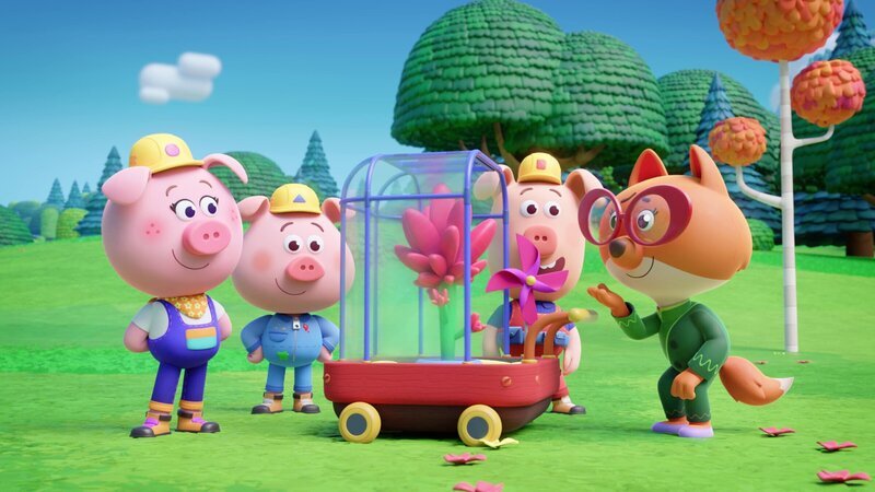 Die Werkel-Ferkel Cornelia (links), Charlie und Cesar (2. von links) haben ihrer Blume sogar einen Namen gegeben: „Kleine Melody“. – Bild: ZDF
