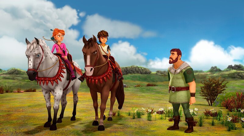 Ein Bauer erzählt Arthur und Guinevere von einem schrecklichen Oger. – Bild: SWR/​Blue Spirit Productions/​Télé