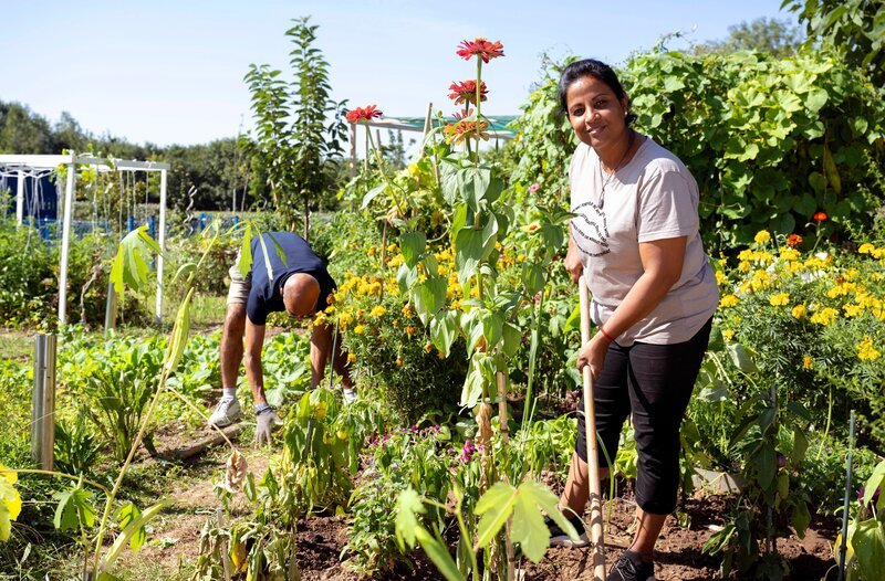 Zum Finale geht es in den Interkulturellen Gemeinschaftsgarten nach Lahr im Schwarzwald. Hier gärtnert die heutige Gastgeberin Sugirtha Navarathinam (r) gemeinsam mit 25 anderen Menschen. Auf ihrer Parzelle baut sie vor allem Nutzpflanzen aus ihrer Heimat Sri Lanka an: Bittergurken, besondere Bohnen und Auberginen. – Bild: WDR/​Melanie Grande