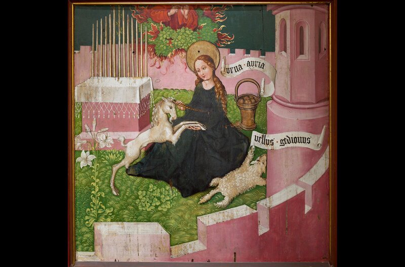 Gemälde wie „Die mystische Einhornjagd“ (um 1480) von Martin Schongauer bilden den roten Faden der Dokumentation, die die Facetten der Mariengeschichte aus verschiedenen Perspektiven beleuchtet. – Bild: RMN/​Grand Palais/​Michel Urtado