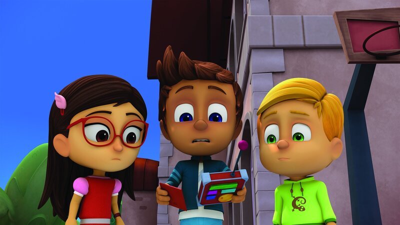 L-R: Amaya /​ Owlette (voiced by Addison Holley), Connor /​ Catboy (voiced by Jacob Ewaniuk), Greg /​ Gekko (voiced by Kyle Harrison Breitkopf) – Bild: Disney